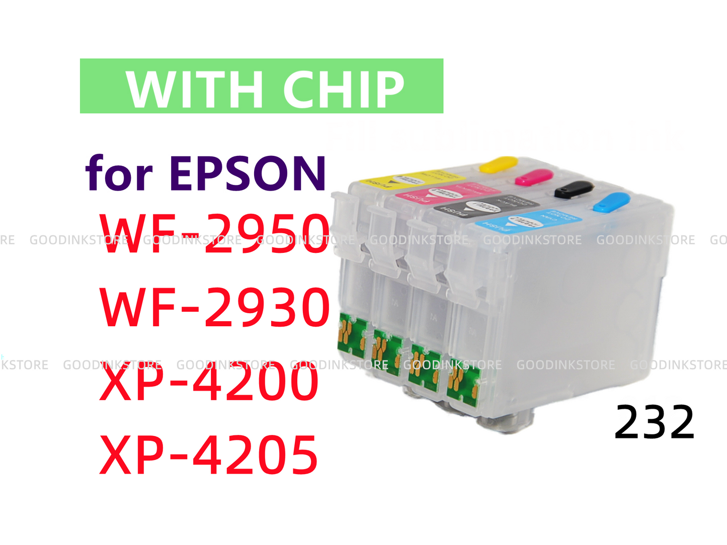 For T232 232 XL WF 2950 WF 2930 Xp 4200 Xp 4205 printer, 4pk Empty Refillable Ink Cartridge with single use chips !!