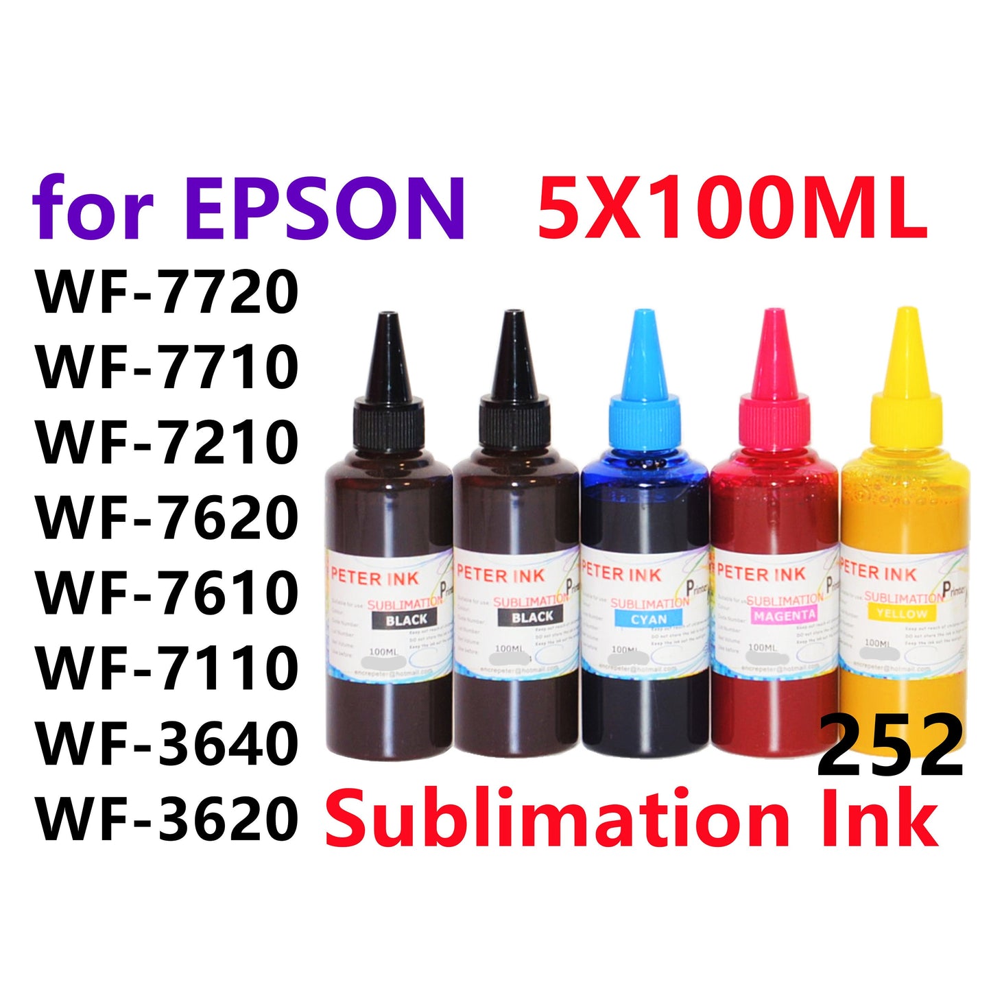 5X100ML Sublimation Ink for wf-7720 wf-7710 wf-7210 wf-7620 wf-7610 wf-7110 wf-7520 wf-7510 wf-7010 252 Refillable ink cartridges CISS