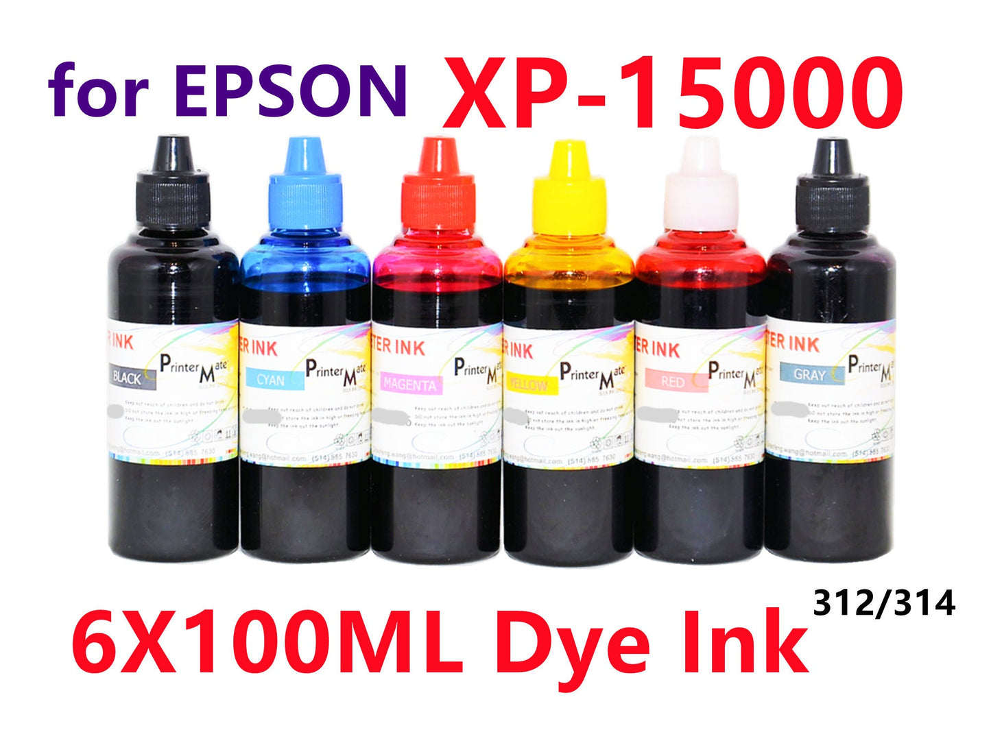 6X100ML Regular Dye Ink for XP 15000 Printer T312 t314 312 314 refillable ink cartridges cis CISS