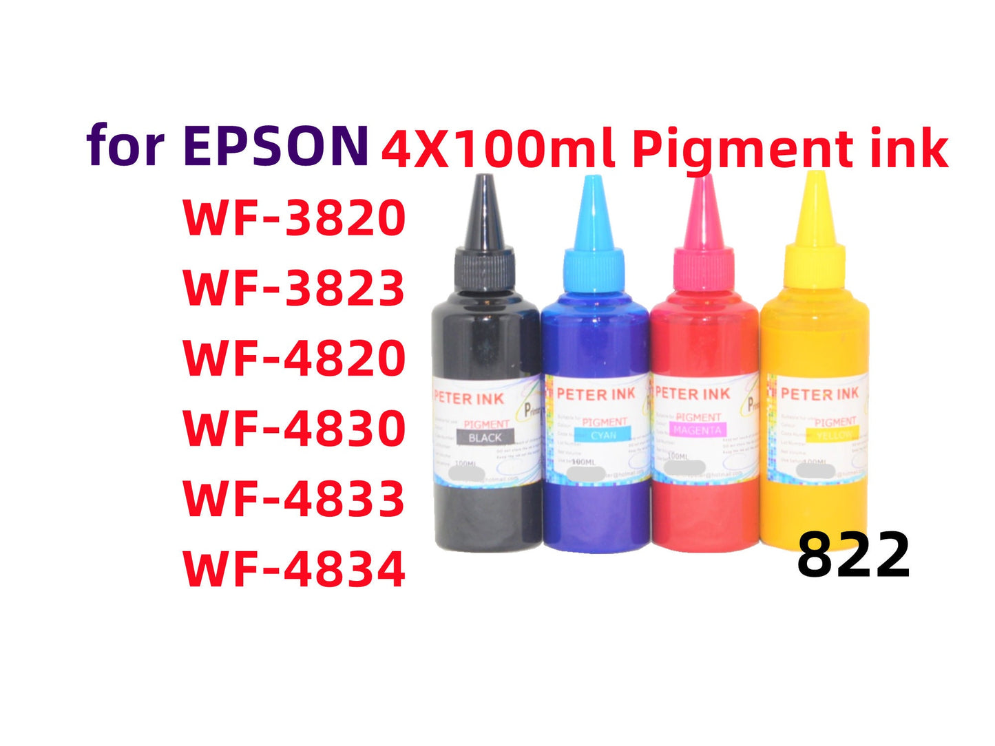 4X100ml Pigment Ink for Wf-3820 Wf-3823 Wf-4820 Wf-4830 wf-4833 wf-4834 Printer T822 822 Refillable ink cartridges CISS