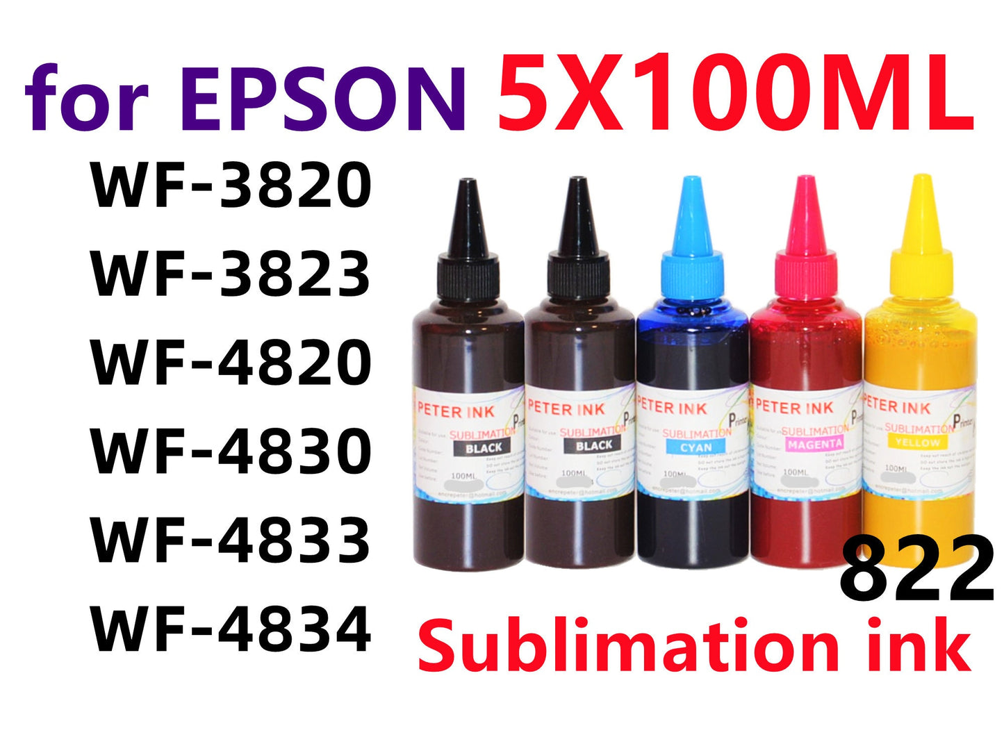 5X100ml Sublimation Ink for Wf-3820 Wf-3823 Wf-4820 Wf-4830 wf-4833 wf-4834 Printer T822 822 Refillable ink cartridges CISS heat press