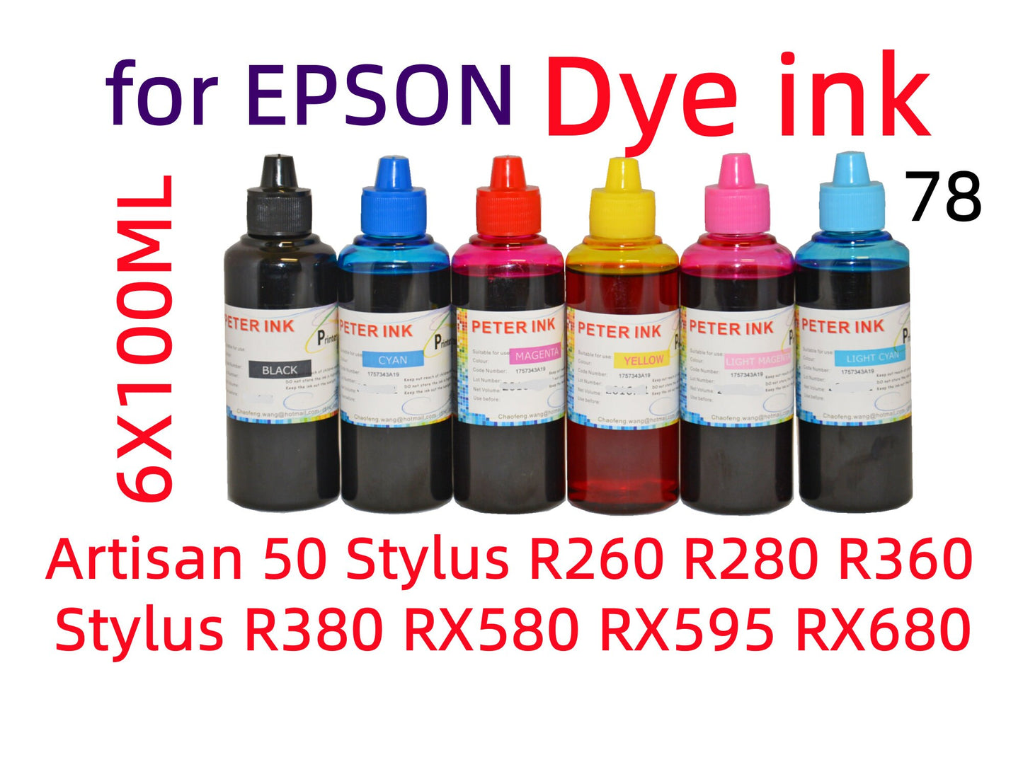 6X100ML Regular Dye Ink for Artisan 50 Stylus R260 R280 R360 R380 RX580 RX595 RX680 T078 78 refillable ink cartridges cis CISS