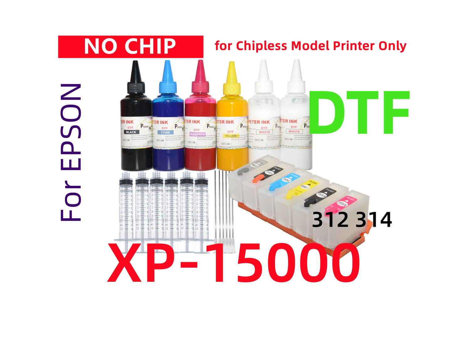 Chipless DTF ink refillable cartridges Kit, no chip, without chip, for Expression Photo hd XP-15000 for chipless 312 314 for DTF printing
