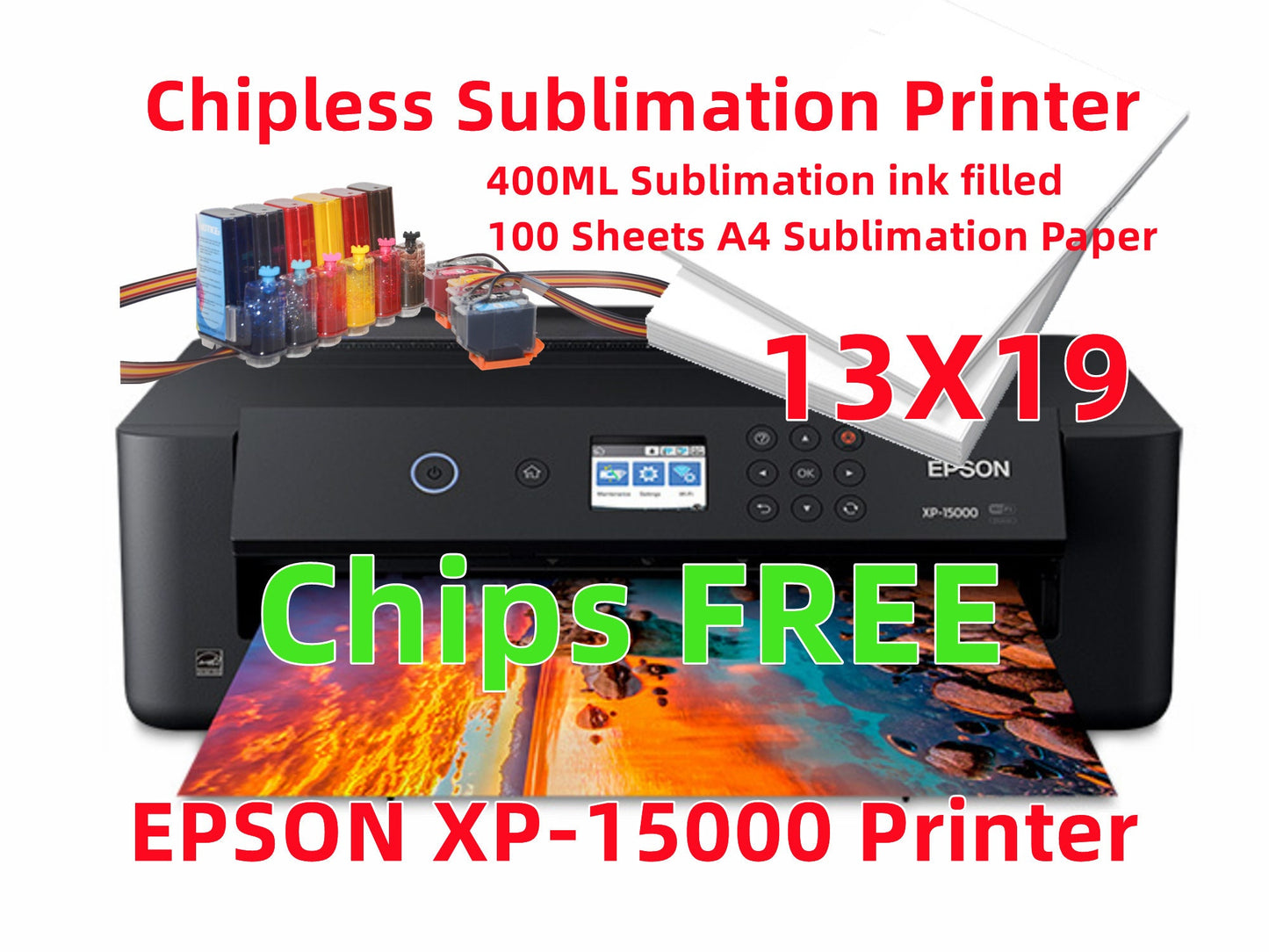 Wide Format XP-15000 CHIPLESS Sublimation Printer (Factory Refurbished) Bundle with Sublimation Ink CISS ink system and Paper