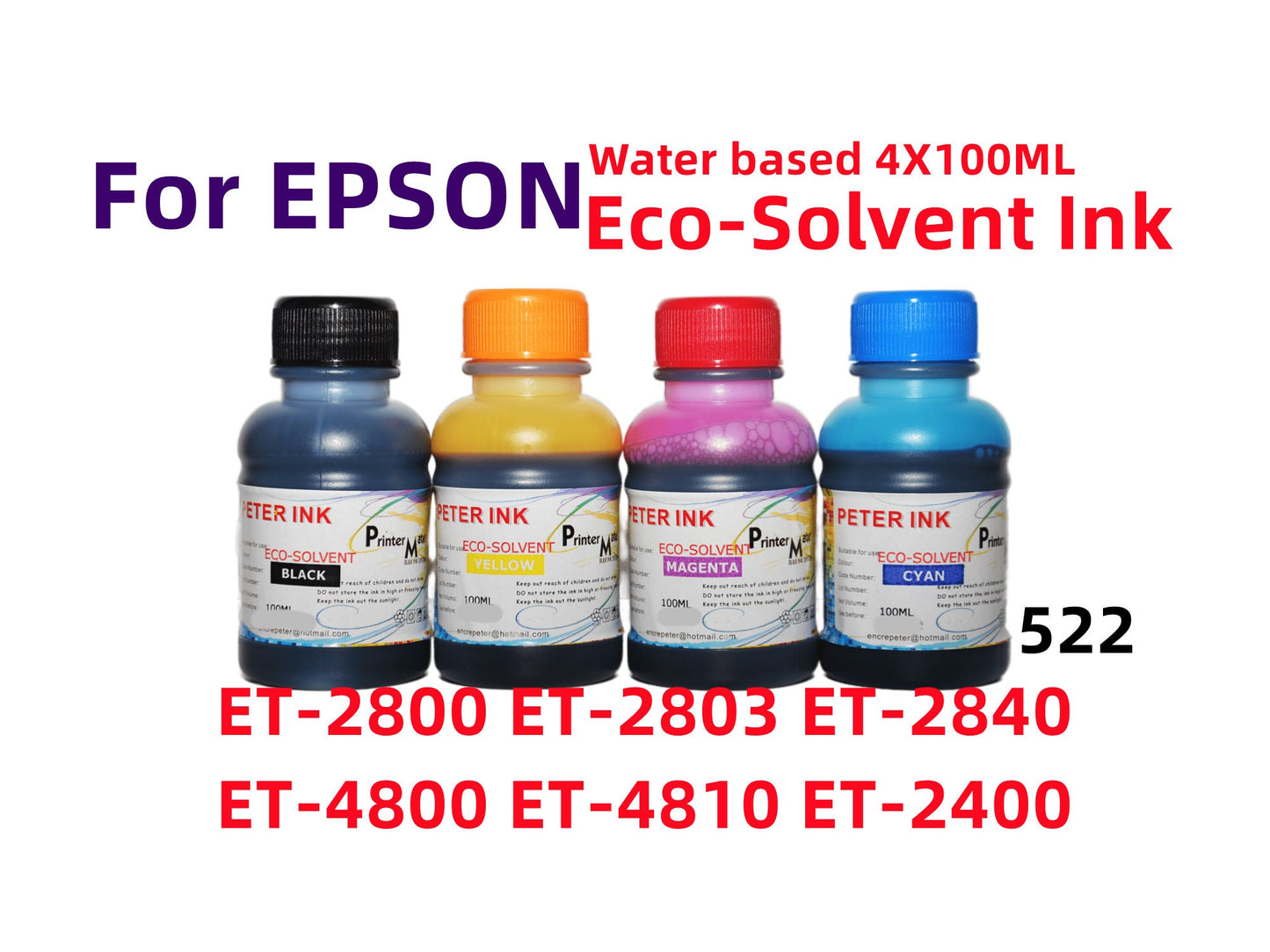 4X100ml Eco Solvent (water based) for ET 4800 ET-2800 Et-2803 Et-2840 Et-4800 Et-4810 et-2400 ET2800 ET2400 Printer 522 for Transfers