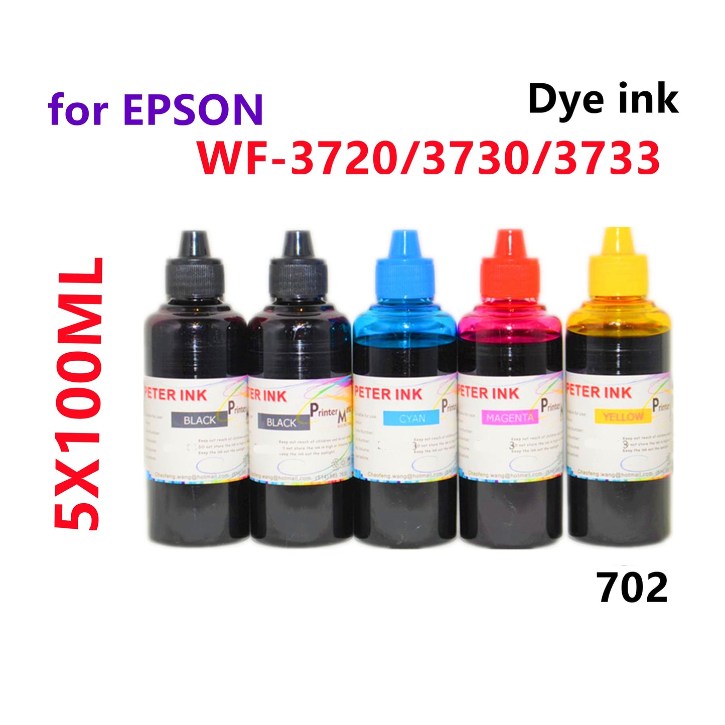 5X100ml Regular Dye Ink for Wf-3720 Wf-3730 Wf-3733 Printer T702 702 Refillable ink cartridges CISS