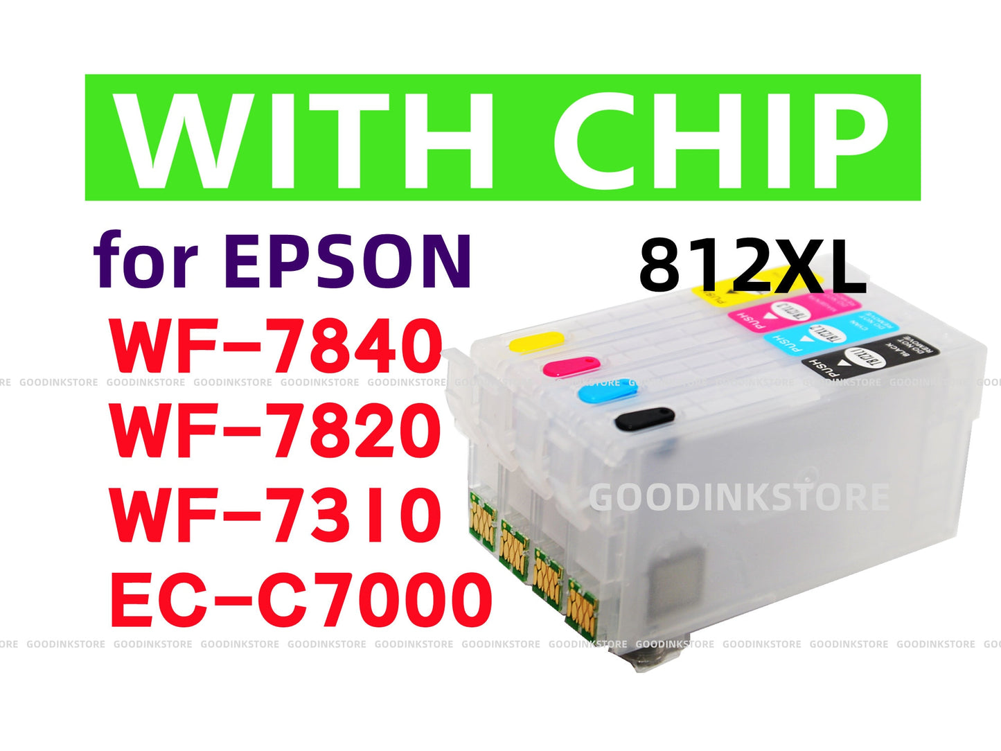 4pk Empty Refillable Ink Cartridge for Workforce pro WF7840 WF7820 WF7310 EC-C7000 wf-7840 wf-7820 T812 812 XL Printer, w/single use chips
