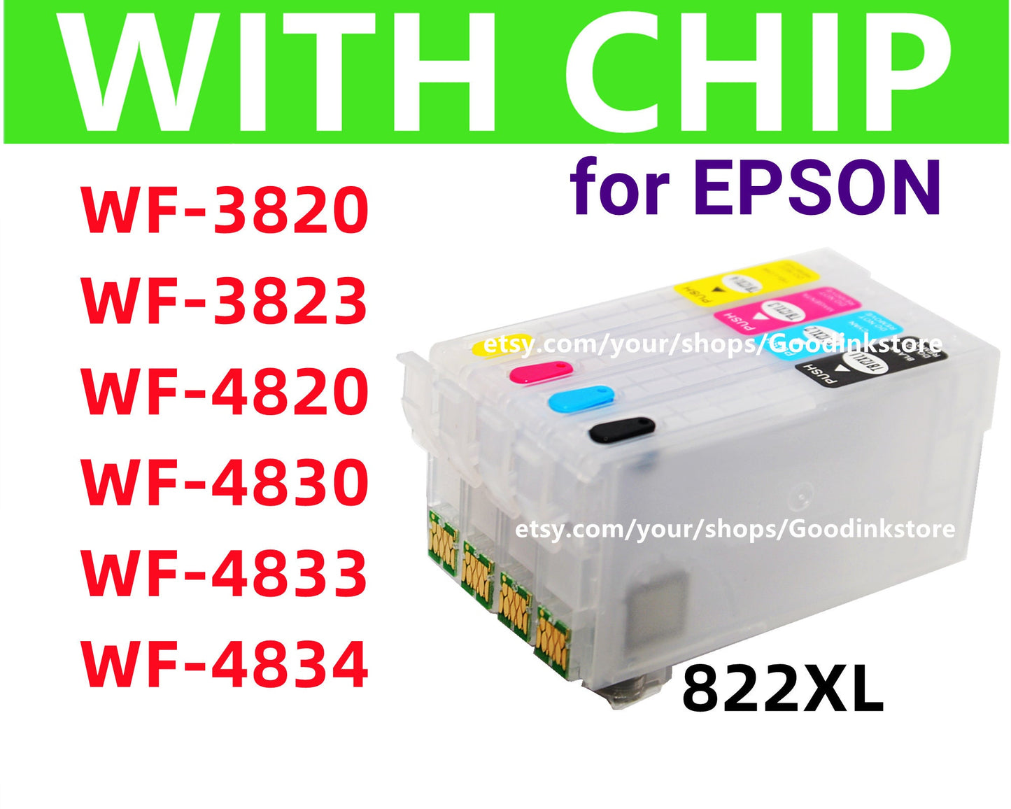 4pk T822 822 XL WF-3820 Wf-3823 WF-4820 Wf-4830 Wf-4833 Wf-4834 Empty Refillable Ink Cartridge with single use chip