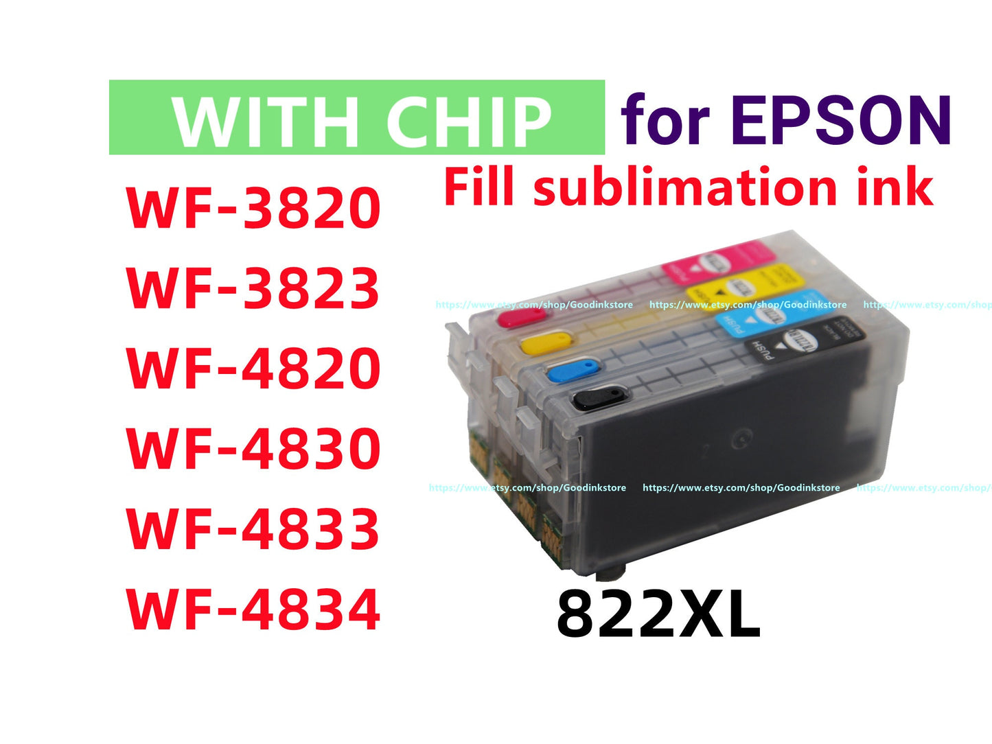 4p Sublimation Ink T822 822 XL Cartridge for Workforce pro WF-3820 Wf-3823 WF-4820 Wf-4830 Wf-4833 Wf-4834 Printer w/ single use chips