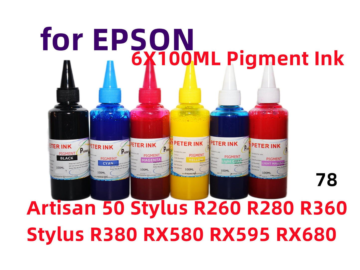 6X100ML Pigment Ink for Artisan 50 Stylus R260 R280 R360 R380 RX580 RX595 RX680 T078 78 refillable ink cartridges cis CISS
