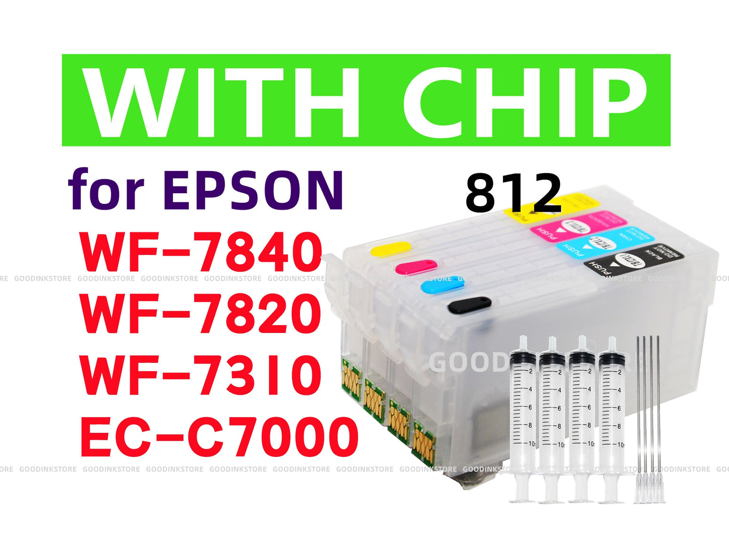 4pk Empty Refillable Ink Cartridge for Workforce pro WF7840 WF7820 WF7310 EC-C7000 wf-7840 wf-7820 T812 812 XL Printer, w/single use chips