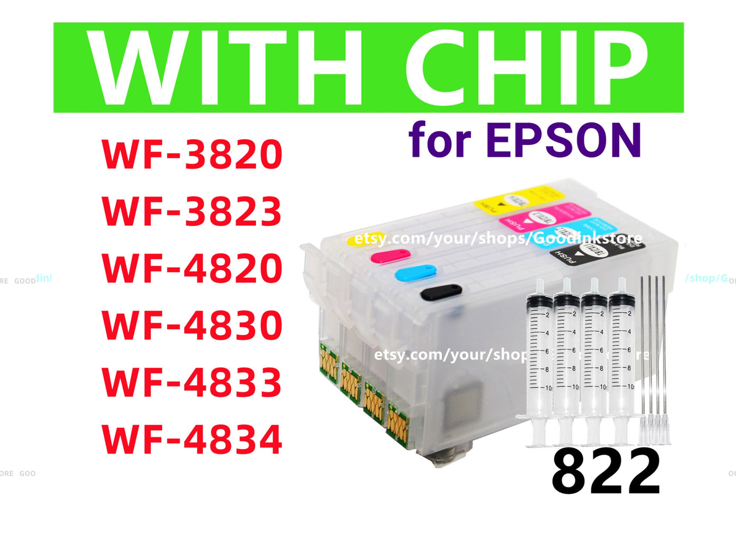 4pk T822 822 XL WF-3820 Wf-3823 WF-4820 Wf-4830 Wf-4833 Wf-4834 Empty Refillable Ink Cartridge with single use chip