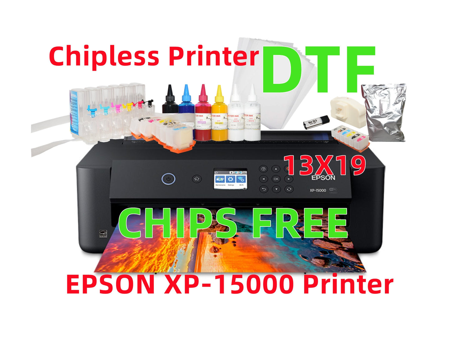 Wide Format XP-15000 chipless DTF Printer (Epson Refurbished) Bundle with DTF package kits for Dtf Printing