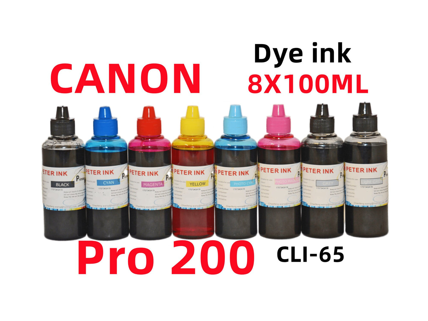 8X100ML dye ink refills for Canon PIXMA Pro-200 Pro 200 Printer refillable Cli-65 Cli 65 ink Cartridge, CIS, CISS