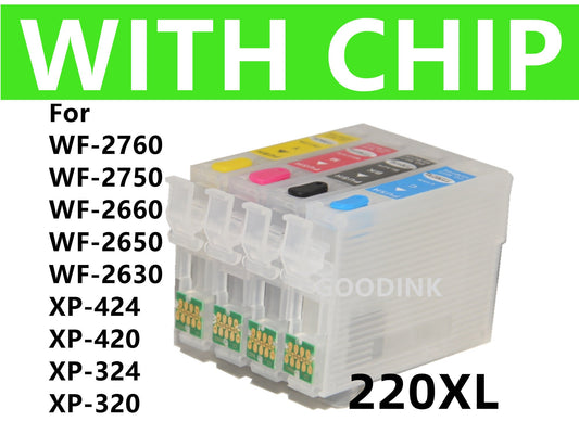 T220 220 XL for WF2760 WF2750 WF2660 WF2650 WF2630 XP424 XP420 XP324 XP320 printer, 4pk EMPT Refillable Ink Cartridge with chip